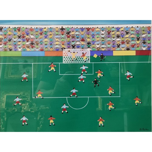 92 - Gordon Barker, football scene, acrylic, 29 x 39cms, framed