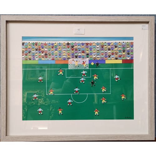 92 - Gordon Barker, football scene, acrylic, 29 x 39cms, framed