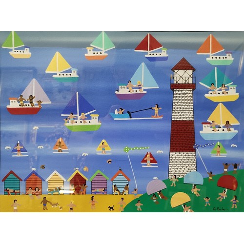 93 - Gordon Barker, beach scene with yachts, acrylic, 29 x 39cms, framed