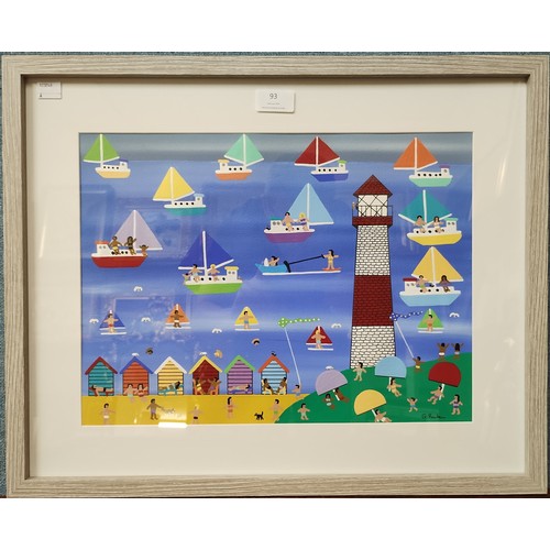 93 - Gordon Barker, beach scene with yachts, acrylic, 29 x 39cms, framed