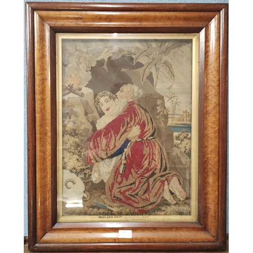 95 - A Victorian woolwork, religious scene by Mary Ann Shaw, aged 13 years, 1846, rosewood, maple and par... 