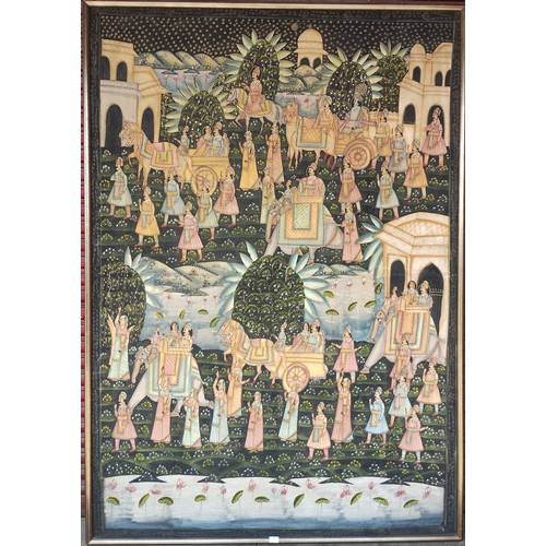 96 - Indian School, large ceremonial wedding scene, watercolour and gouache on fabric, 215 x 150cms, fram... 