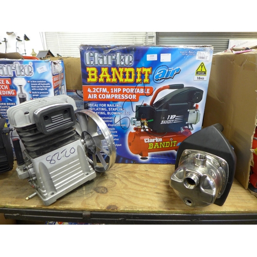 2333 - A Clarke Bandit V 4.2 CFM, 8 litre, 1HP, 230V air compressor (8220) and a Clarke Tiger 1800B power w... 