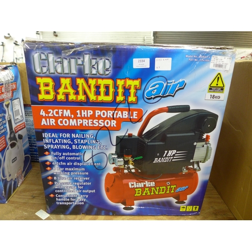 2334 - A Clarke Bandit Air Bandit V, 4.2 CFM, 1HP portable air compressor, a Clarke NH3APC compressor pump ... 