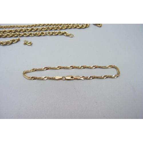 1017 - A 9ct gold bracelet, 2.1g, and yellow metal rope twist chains, a/f, (rope chains 7g)