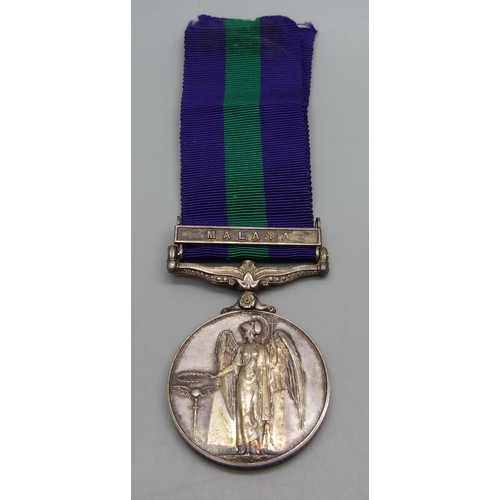 1034 - A General Service medal with 'Malaya' clasp to 23319358 PTE. D.H.S. Tyler Army Catering Corps