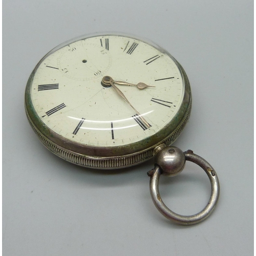 1043 - A silver cased fusee pocket watch with diamond end stone, maker Wm. Lawrence, the case hallmarked Bi... 