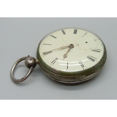 1043 - A silver cased fusee pocket watch with diamond end stone, maker Wm. Lawrence, the case hallmarked Bi... 