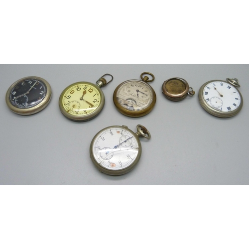 1051 - Four pocket watches, Cyma, two military and one 8-Days, a split second stop-watch and a fob watch, (... 