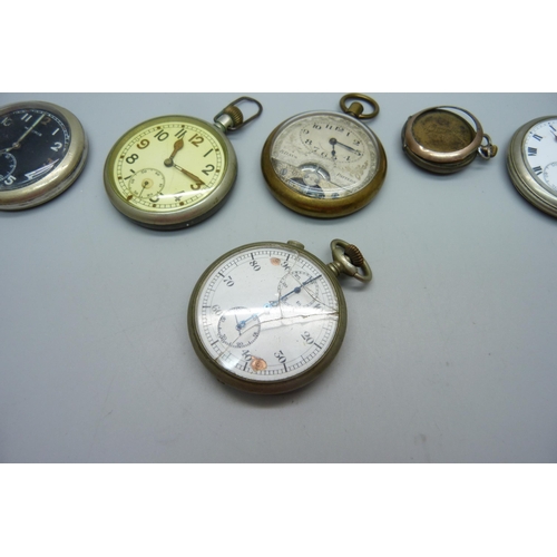 1051 - Four pocket watches, Cyma, two military and one 8-Days, a split second stop-watch and a fob watch, (... 