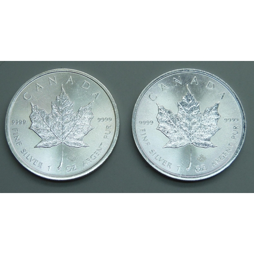 1060 - Two 2020 9999 fine silver 1oz. Canadian 5 dollars coins