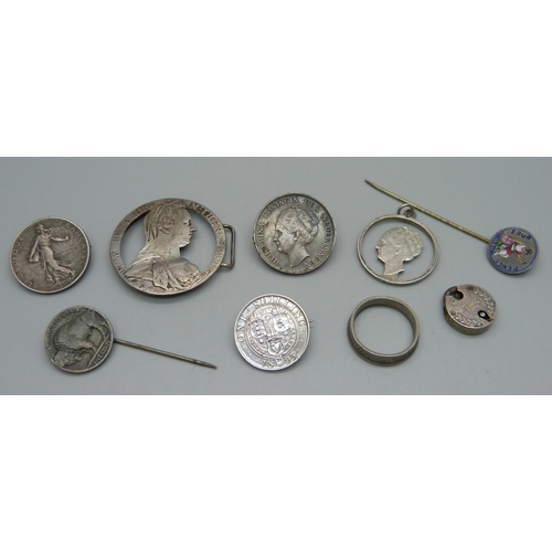 1063 - A collection of coin brooches and pendants, etc., including an enamelled four pence pin