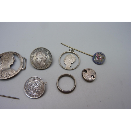 1063 - A collection of coin brooches and pendants, etc., including an enamelled four pence pin