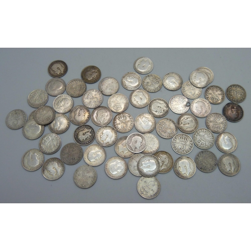 1064 - Fifty-six pre 1920 silver 3d coins, 78.5g