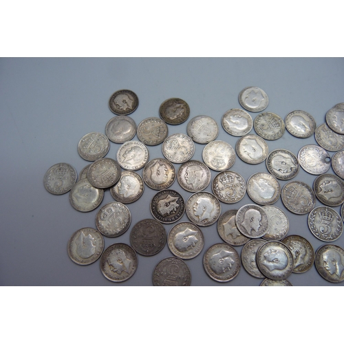 1064 - Fifty-six pre 1920 silver 3d coins, 78.5g