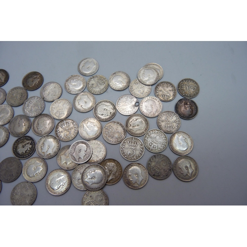 1064 - Fifty-six pre 1920 silver 3d coins, 78.5g