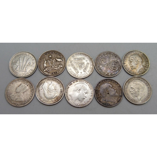 1066 - Ten silver 3d coins; three 1904, 1930, 1928, 1934 South Africa, and four Australian 1916, 1927, 1943... 