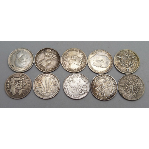 1066 - Ten silver 3d coins; three 1904, 1930, 1928, 1934 South Africa, and four Australian 1916, 1927, 1943... 