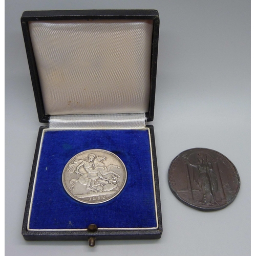 1067 - A George VI 1937 medallion and a Victorian 1892 silver crown