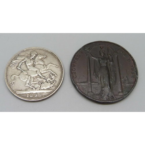 1067 - A George VI 1937 medallion and a Victorian 1892 silver crown