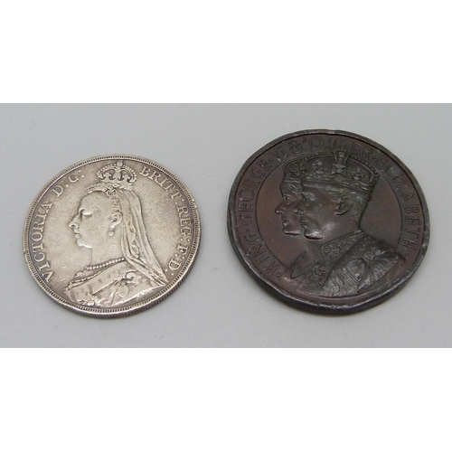 1067 - A George VI 1937 medallion and a Victorian 1892 silver crown