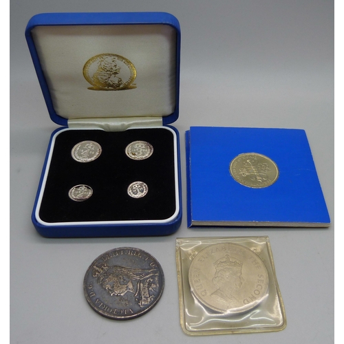 1068 - A later produced silver Edward VIII Maundy Coin set, a 'McVitie's' bill of rights £2 coin, an 1890 s... 