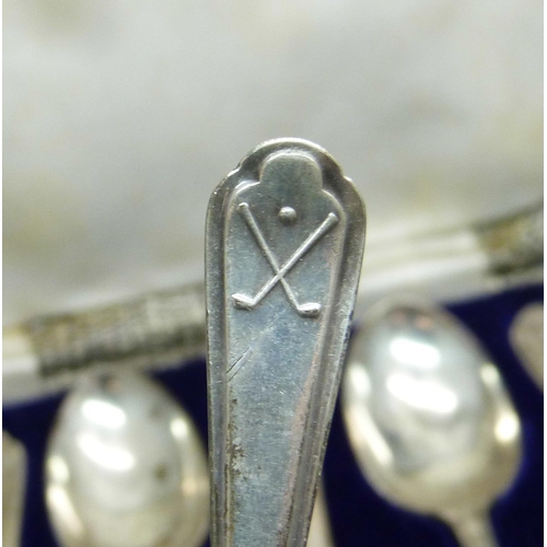 1077 - Two cased sets of six silver golf spoons by Walker & Hall, 162g