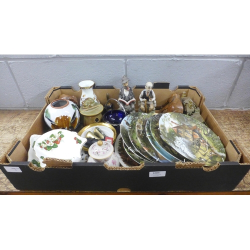 1084 - A box of mixed china, collector's plates, vases, two Leonardo collection model house, etc. **PLEASE ... 