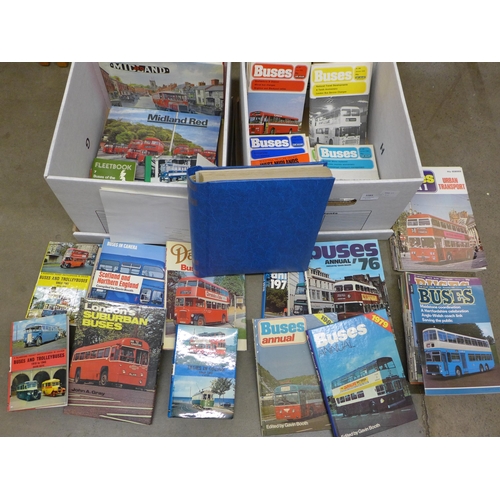 1085 - Two boxes of bus related books and publications including Buses Annuals 1976 to 1980, Buses magazine... 