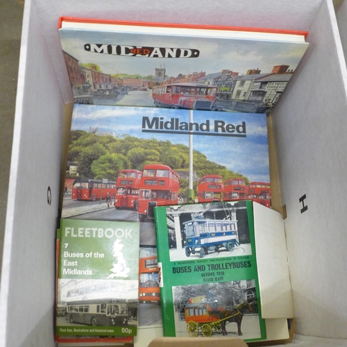 1085 - Two boxes of bus related books and publications including Buses Annuals 1976 to 1980, Buses magazine... 