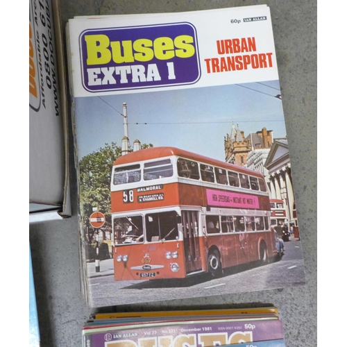 1085 - Two boxes of bus related books and publications including Buses Annuals 1976 to 1980, Buses magazine... 