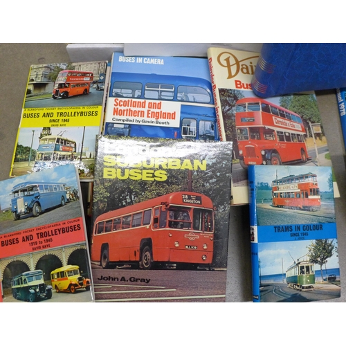 1085 - Two boxes of bus related books and publications including Buses Annuals 1976 to 1980, Buses magazine... 