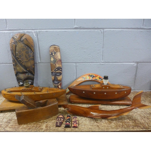 1093 - Two wooden ship/boat table lamps, wood plane and treen **PLEASE NOTE THIS LOT IS NOT ELIGIBLE FOR IN... 