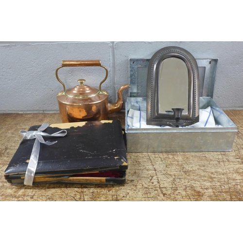 1099 - A copper kettle, plated dessert knives and forks, a set of six spoons and a mirror **PLEASE NOTE THI... 