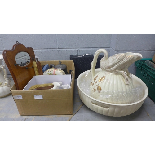 1103 - An oak hall tidy, a Mahjong set, three cow creamers, a pewter teapot, a wash jug and bowl, etc. **PL... 