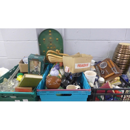 1104 - Three boxes of items including a bagatelle board, novelty storage jars, salt and pepper pots, a Shea... 