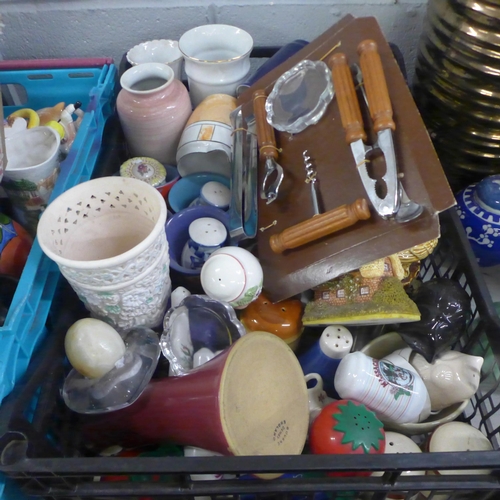 1104 - Three boxes of items including a bagatelle board, novelty storage jars, salt and pepper pots, a Shea... 