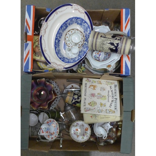 1116 - Two boxes of assorted china and glass, cabinet cups and saucers, two 1970s boxes, German steins, car... 