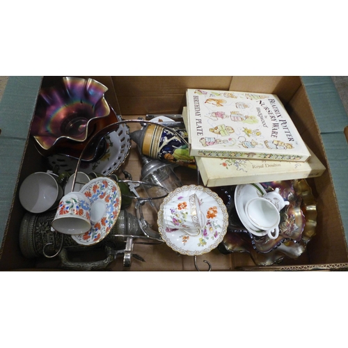 1116 - Two boxes of assorted china and glass, cabinet cups and saucers, two 1970s boxes, German steins, car... 