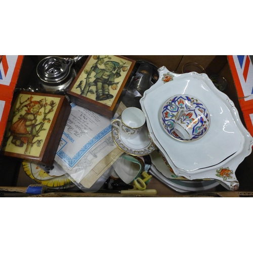 1116 - Two boxes of assorted china and glass, cabinet cups and saucers, two 1970s boxes, German steins, car... 