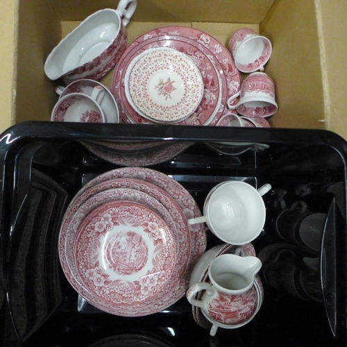 1118 - Two boxes of pink transferware dinner and tea wares including Woods ware and Johnson Bros **PLEASE N... 