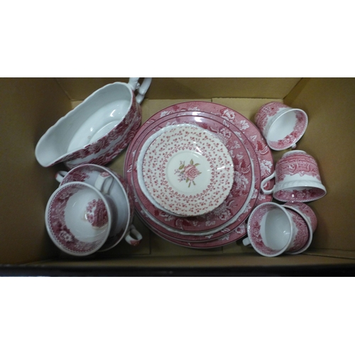 1118 - Two boxes of pink transferware dinner and tea wares including Woods ware and Johnson Bros **PLEASE N... 