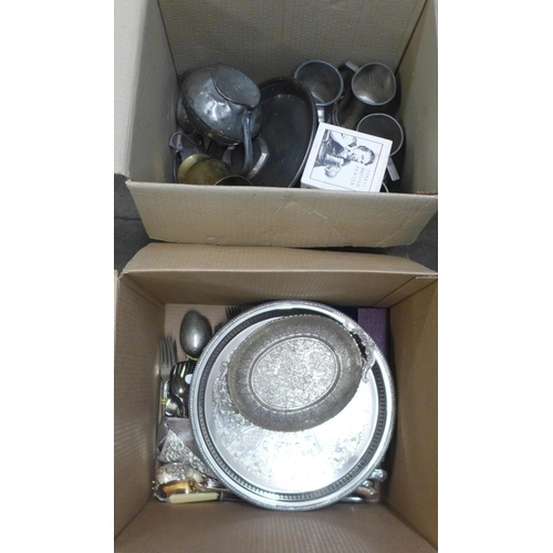 1120 - Two boxes of metal wares, several pewter tankards, plated flatware, other pewter, etc. **PLEASE NOTE... 