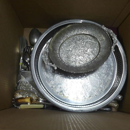 1120 - Two boxes of metal wares, several pewter tankards, plated flatware, other pewter, etc. **PLEASE NOTE... 