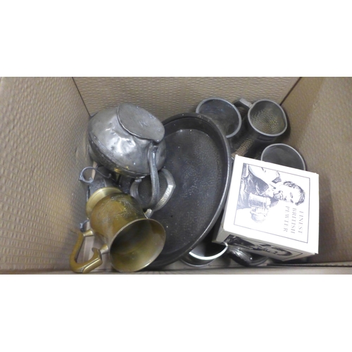 1120 - Two boxes of metal wares, several pewter tankards, plated flatware, other pewter, etc. **PLEASE NOTE... 