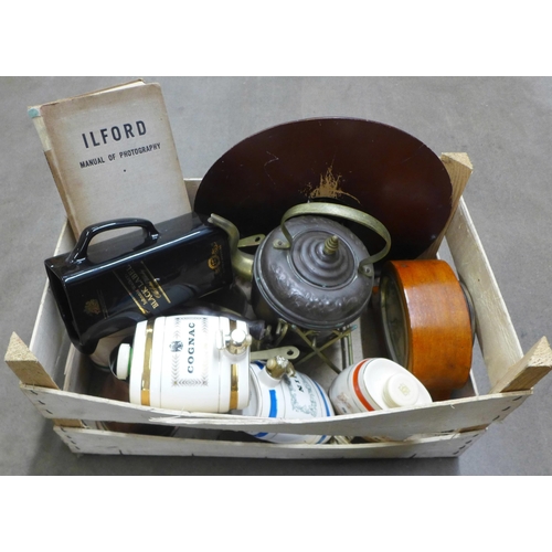 1122 - Metalware, two clocks, four spirit barrels and a water jug **PLEASE NOTE THIS LOT IS NOT ELIGIBLE FO... 