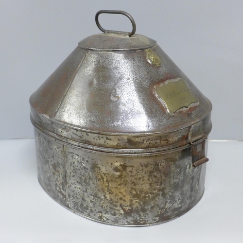 604 - A Galt Gieve & Co. outfitters metal hat tin with Royal Navy engraving to AC Pearson Esq.