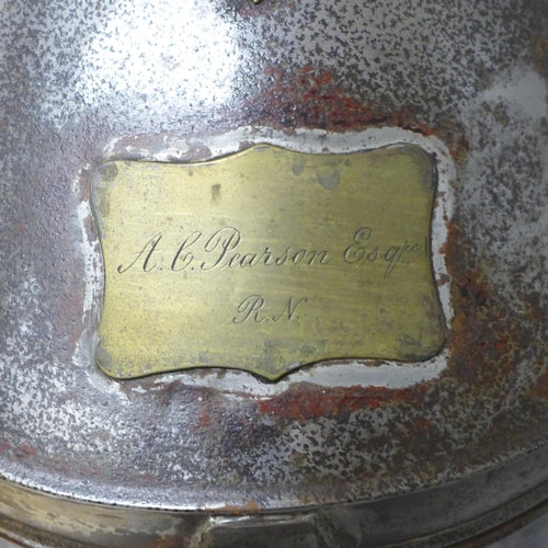 604 - A Galt Gieve & Co. outfitters metal hat tin with Royal Navy engraving to AC Pearson Esq.