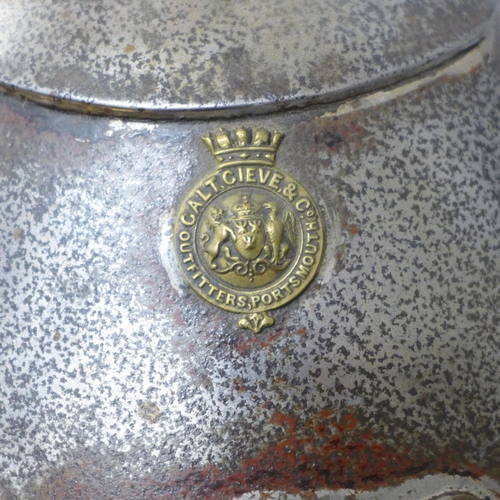 604 - A Galt Gieve & Co. outfitters metal hat tin with Royal Navy engraving to AC Pearson Esq.