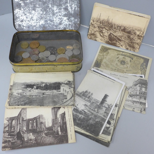 621 - Approximately 30 postcards including WWI military related and a collection of coins